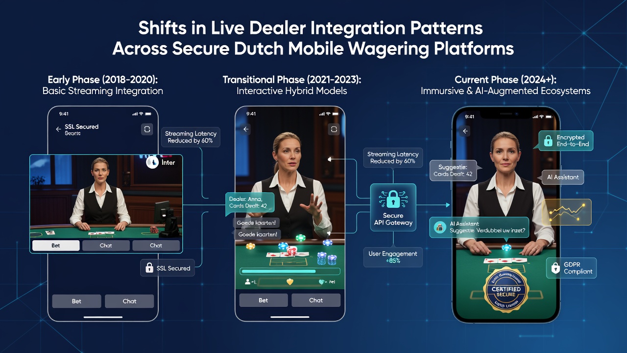 Diagram van beveiligde mobiele integratie met live dealers en encryptieprocessen